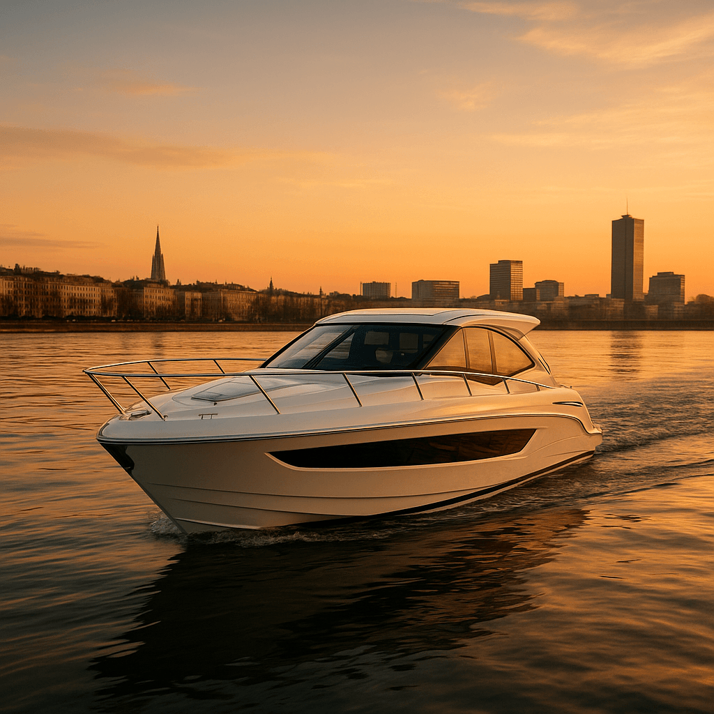 Modernes Motorboot auf der Donau mit Wiener Skyline bei Abendlicht