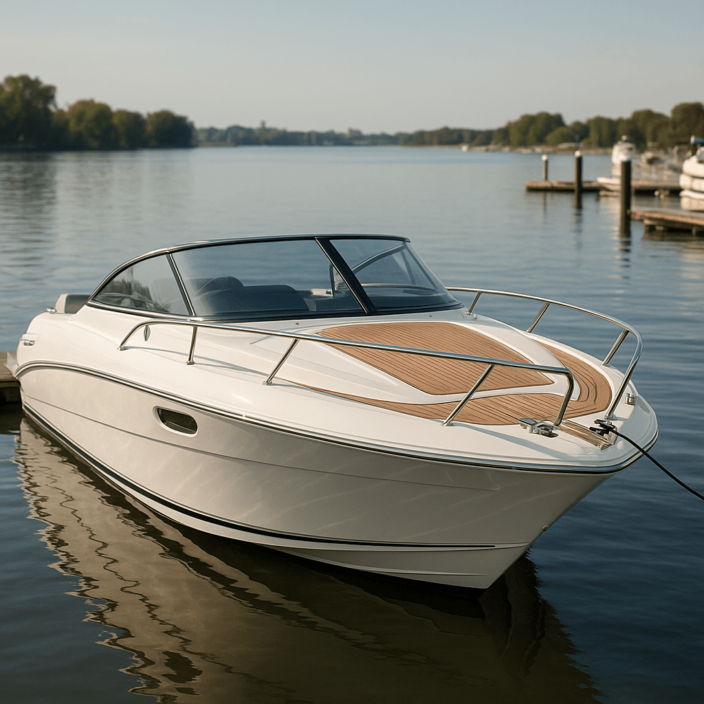 Motorboot am Steg im Yachthafen