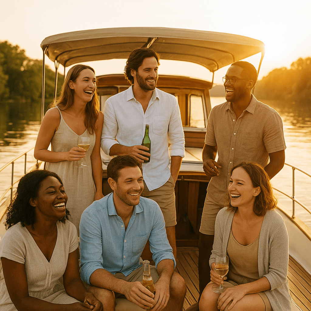Kleine Gruppe auf Charterboot bei Sonnenuntergang